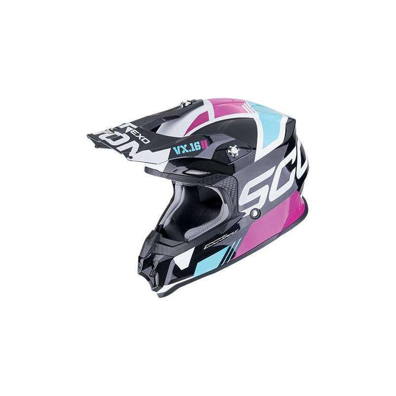 Casque Cross SCORPION VX-16 EVO AIR ANALOG Noir Métal-Bleu-Rose